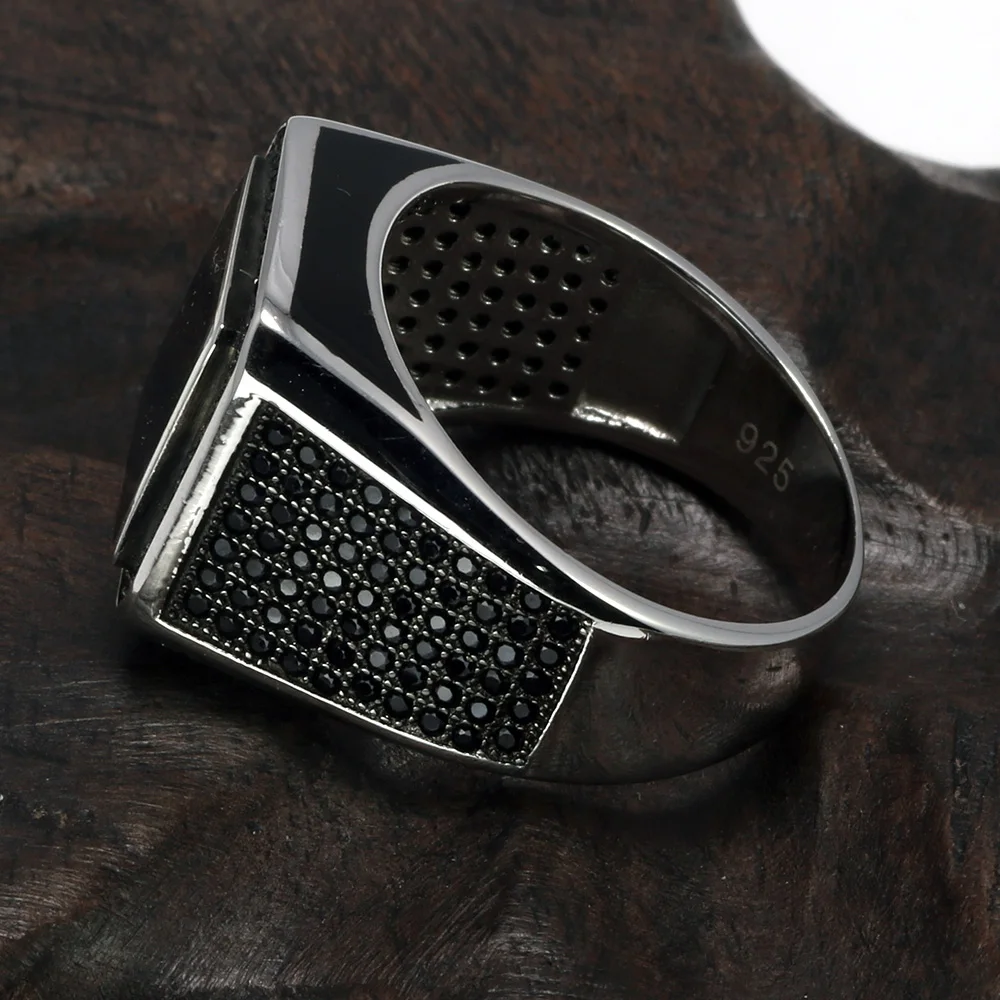 Real 925 Sterling Silver Rings Turkish Rings For Men Rings With Square Imitated Stone Black Micro Pave Zircon Turkey Jewelry