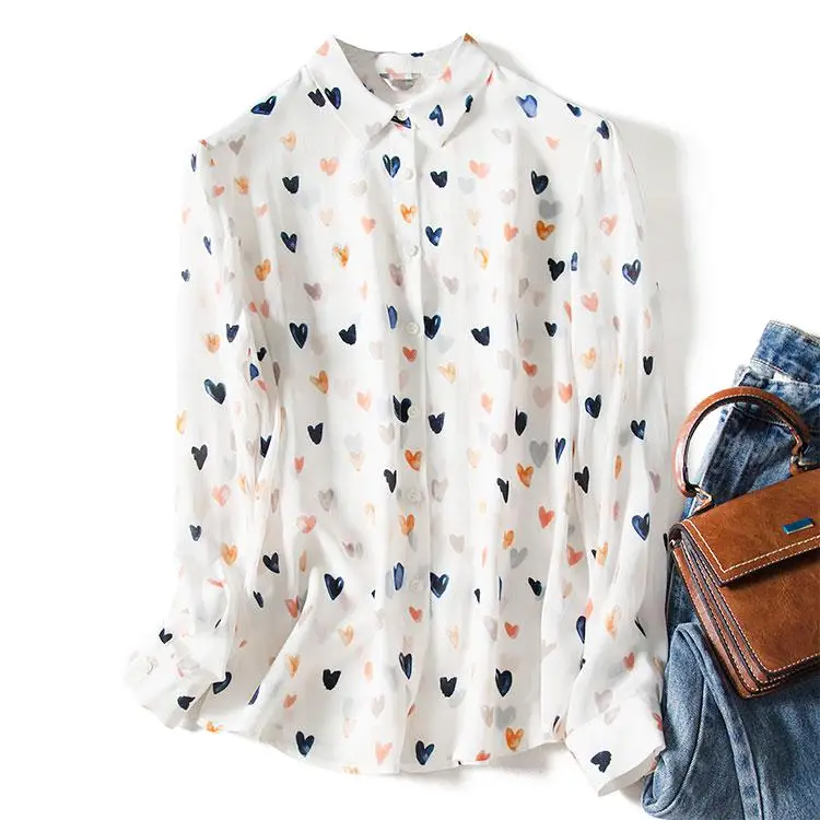Shuchan,, сердце, натуральный шелк, Blusas, женские блузки, корейская мода,, Белый Топ, женская блузка, дизайнерская одежда C0077 - Цвет: Белый