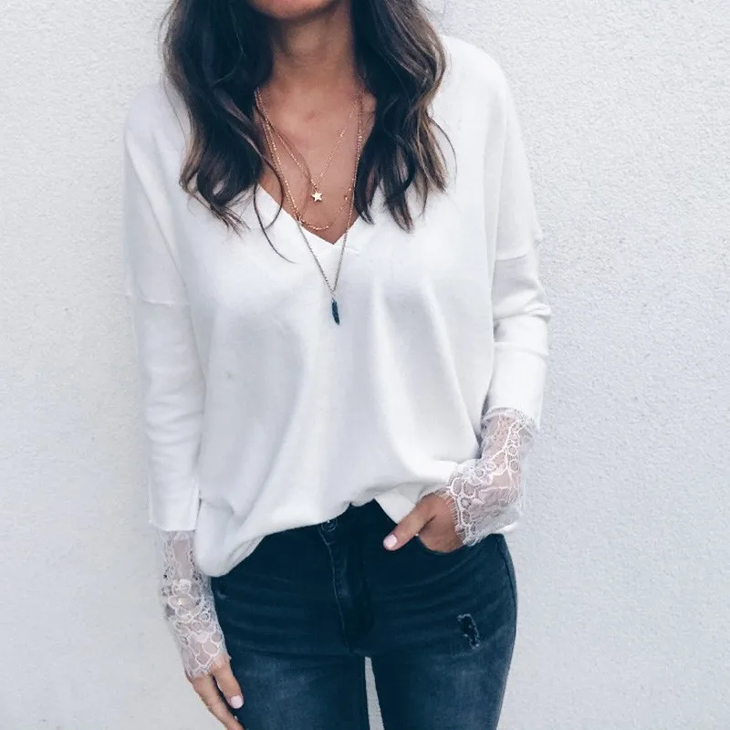 Lace Patchwork Casual Femme T Shirt Long Sleeve Sexy V Neck Solid Tee shirt Women Tshirt camiseta mujer|Футболки| |