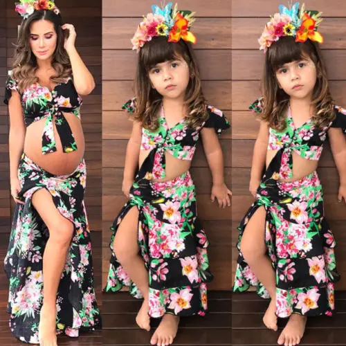 Одежда с цветочным принтом для мамы и дочки летняя одежда беременных девочек
