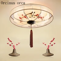 new chinese style hand painted flowers and birds ceiling lamp hotel teahouse bedroom study round archaize fabric ceiling lamp