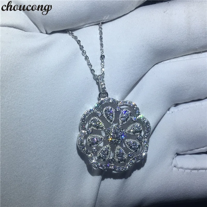 

choucong Art Flower shape Pendants 5A Zircon Cz Real 925 Sterling silver Wedding Pendant with Necklace for women Bridal jewelry