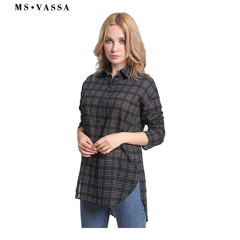 MS VASSA Summer Shirts Black Plaid Women 2019 new casual Blouses long sleeve ladies loose shirts female Oversize 5XL 6XL |