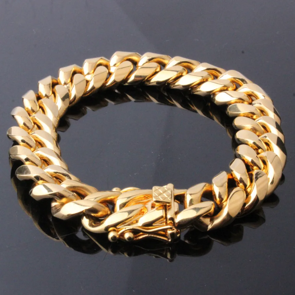 

15mm Wide Gold Color Newest Stainless Steel Miami Curb Cuban Link Chain Bracelet&Necklace Sets Jewelry Men's 8-28inches