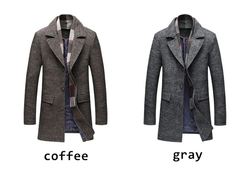 NEW Men Winter Warm Trench Woolen Coat Slim Fit Casual Reefer Jackets Solid Stand Collar Single Breasted Peacoat parka