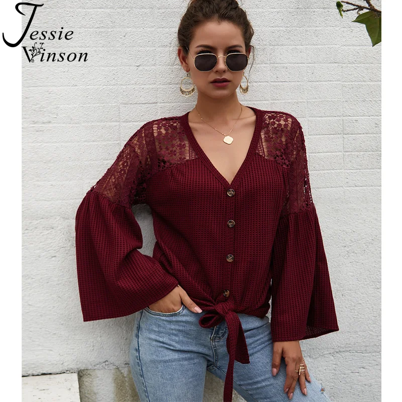 

Jessie Vinson Long Sleeve V Neck Lace Blouse Women Flare Sleeve Splicing Knitted Tops and Blouses Female Blouse Shirt Autumn