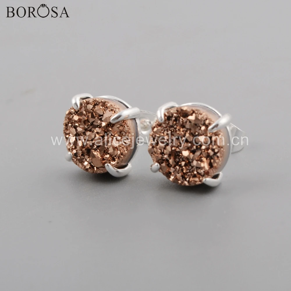 BOROSA 5 пар Мода 10 мм круглый серебряный коготь титан радуга натуральный кулон agates Druzy серьги гвоздики ювелирные изделия как подарок ZS0132