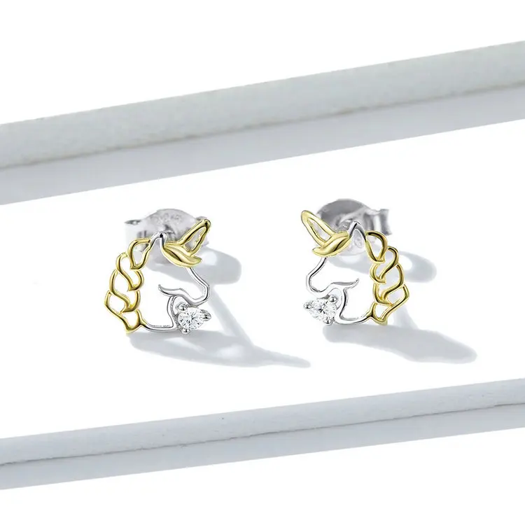 Unicorn Earrings BISAER 925 Sterling Silver Pure Love Licorne Unicorn Exquisite Stud Earrings for Women Silver Jewelry EFE234