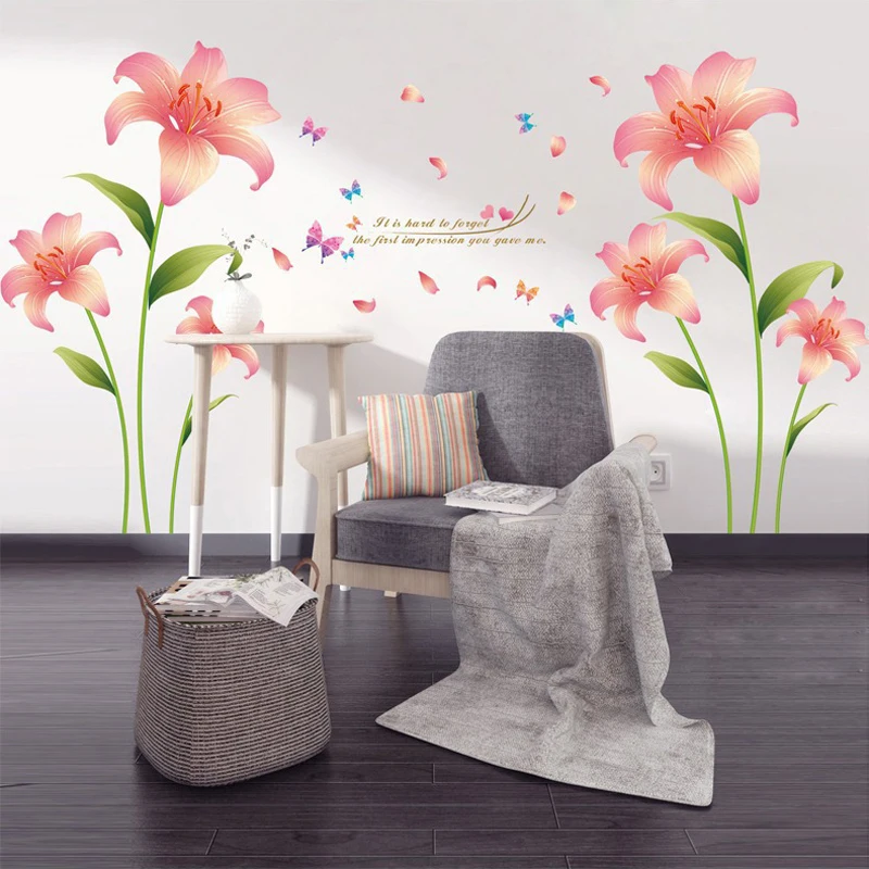 Romantic Pink Lily Flower Wall Decor Sticker Sweet Wedding Rooms Decoration Stickers Living Room TV Backdrop Floral Poster QT114 | Дом и сад