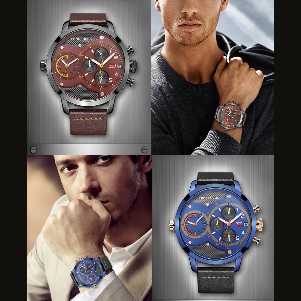 MINI FOCUS Dual Time Chronograph Men's Quartz Sports Watches Men Brand Luxury Big Analog Clock Male Leather Military Wrist Watch |