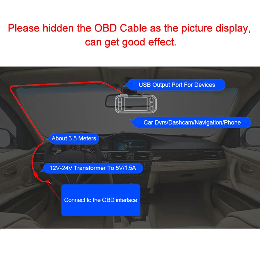 Кабель OBD для автомобильных видеорегистраторов длина от 12 В до 5 2 А длинный порт