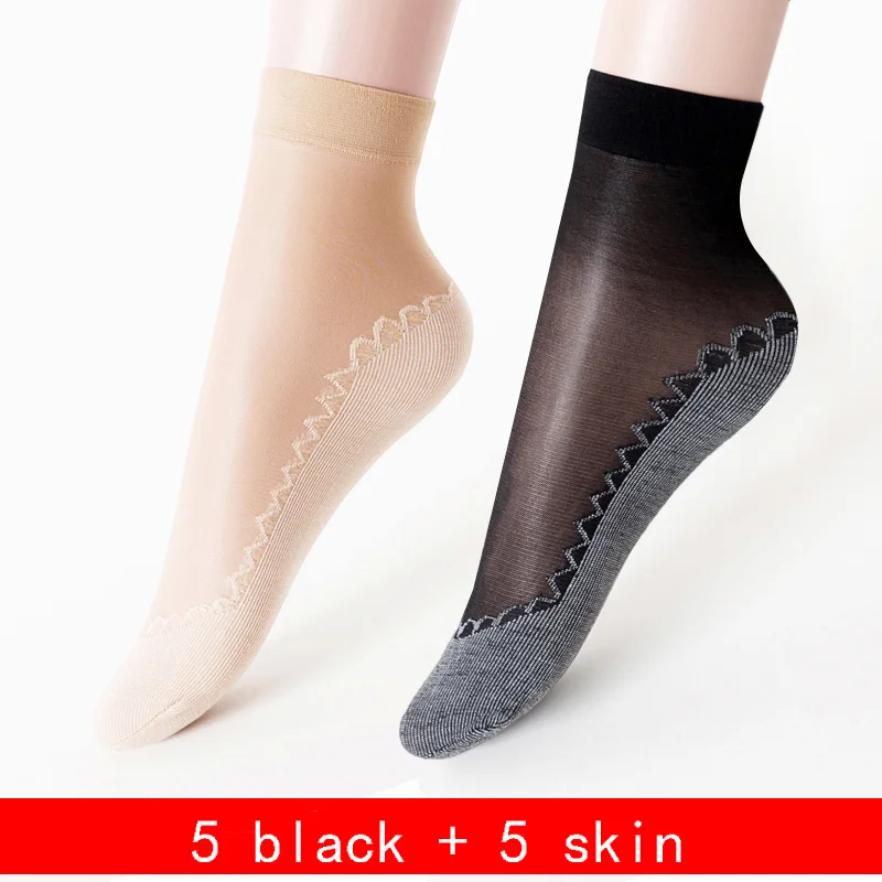 5skin-5black 10 пар/упак. бархатные шелковые женские носки хлопковые носки с мягкой нескользящей подошвой, впитывающие влагу, Нескользящие летние и осенние носки - Цвет: 5skin-5black