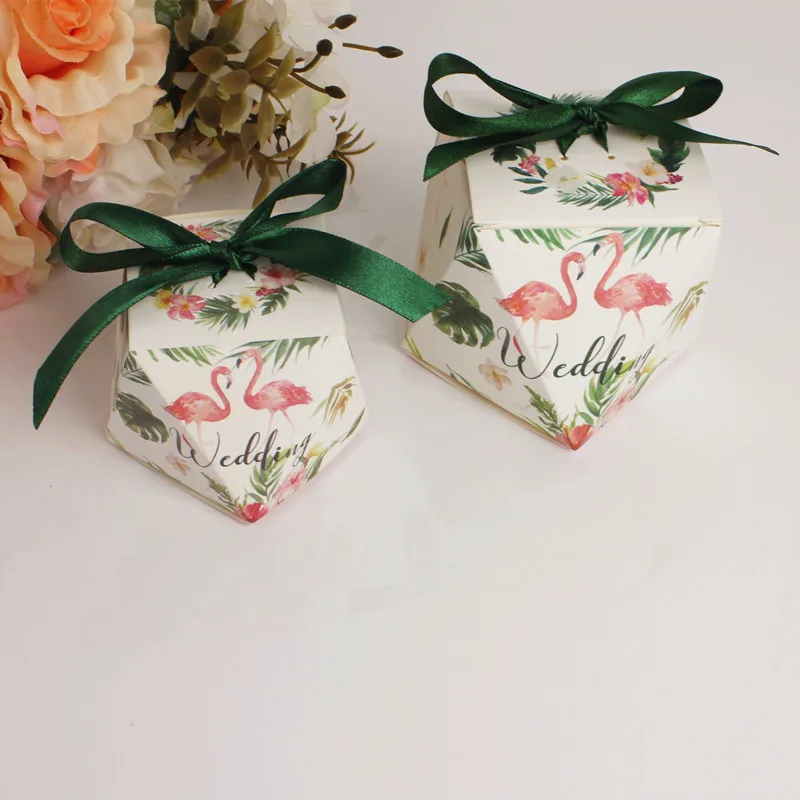 

50 шт. коробка для конфет с зеленым фламинго, Свадебная коробка для конфет Mori с ленточной коробкой