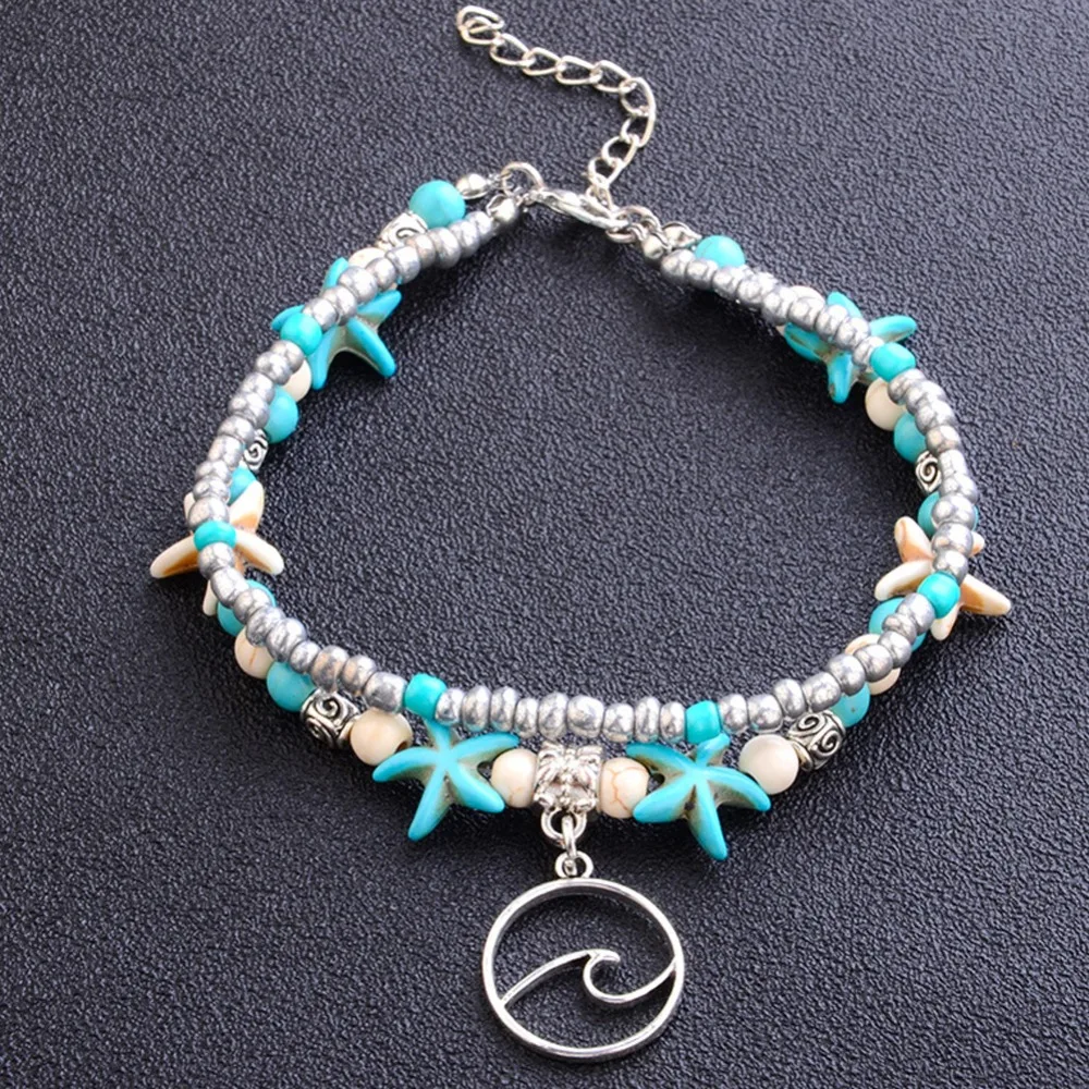 Волнистые женские браслеты для щиколотки Многослойная цепь античное серебро