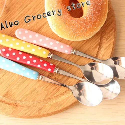 2015 Vintage Polka Dot Ceramic Handle Tableware Stainless Steel Spoon &amp Fork Multi - Purpose Mixing AL-017 | Дом и сад