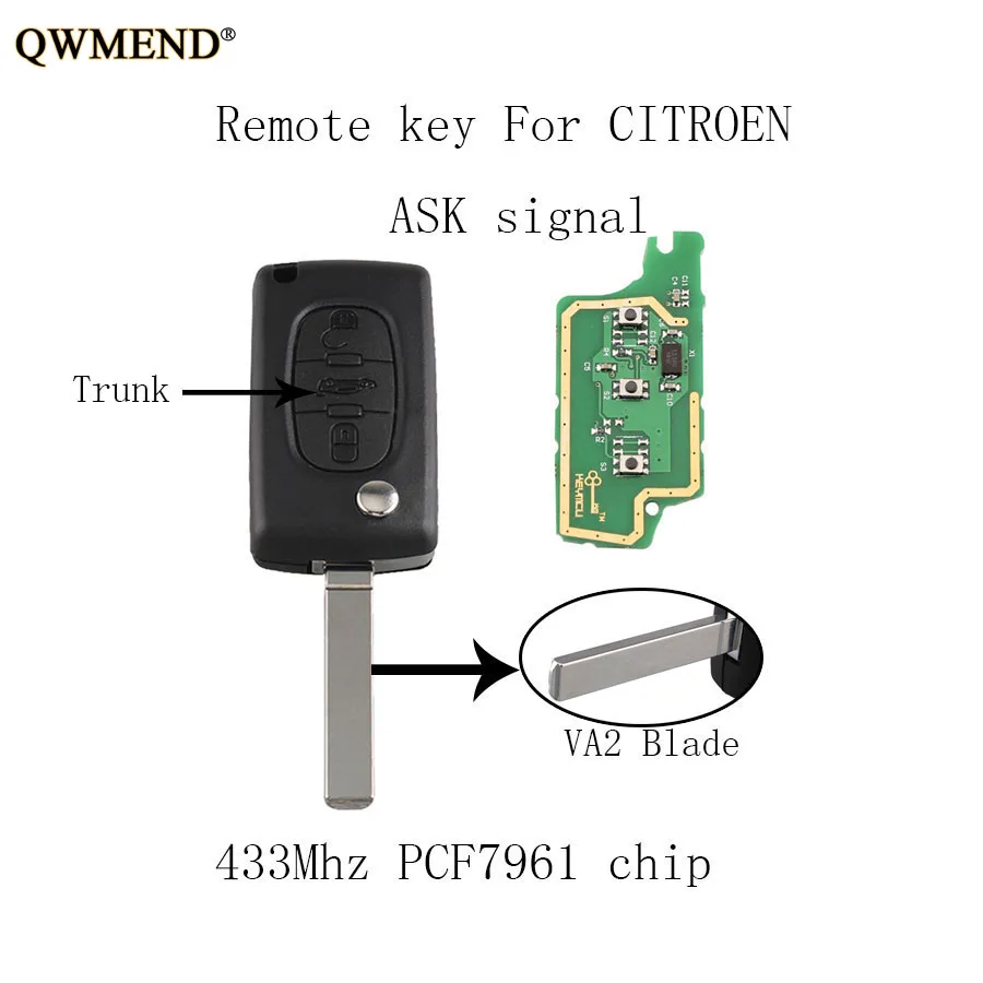 QWMEND 3 кнопки 433 МГц полный дистанционный ключ DIY для CITROEN C1 C2 C3 C4 C5 Berlingo Picasso 2005 2011 ASK