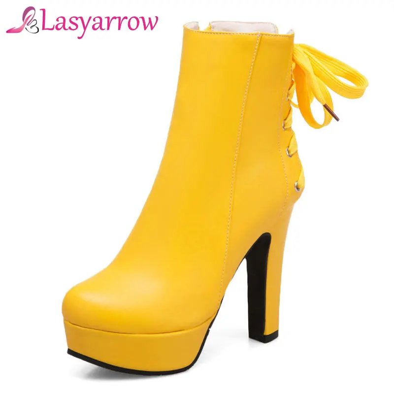 

Lasyarrow Side Zipper Footwear Thick High Heels Platform Round Toe Ankle Boots Fashion Back Lacing Roman Short Boots Martin Shoe