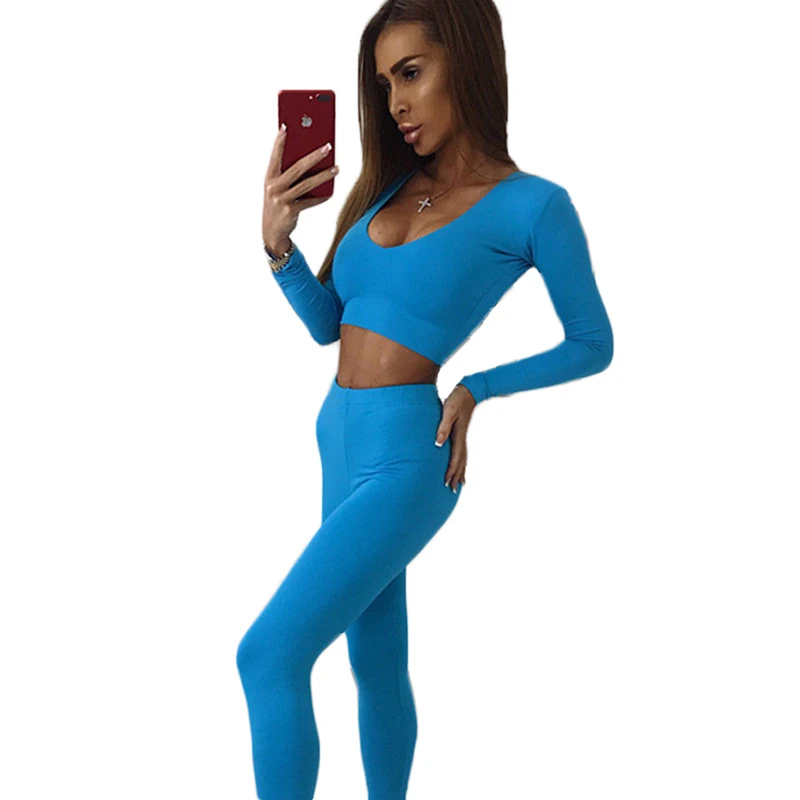 

New Women ladies fashion fitness casual suits long sleeve slim T-shirts tops high elastic waist skinny long pants Trousers 2pcs
