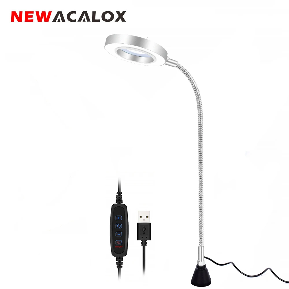 NEWACALOX USB 3X увеличительное стекло светодиодный светильник с подсветкой Лупа Сильный магнитный гибкий кронштейн для чтения верстак пайки