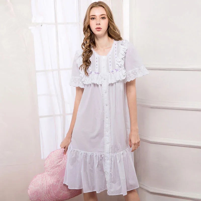 New 2017 Women White Pure Cotton Princess Gowns Female Casual Lace Patchwork Nightgown Lady Elegant Sleep Dress Lounge 17064