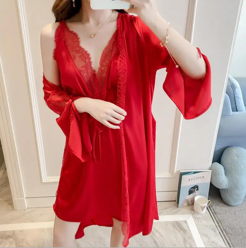 Красный Новое поступление, женская шелковая атласная ночная рубашка с халатом, Сексуальное цветочное на лямках, ночная рубашка и халат, повседневный домашний комплект для женщин - Цвет: Красный