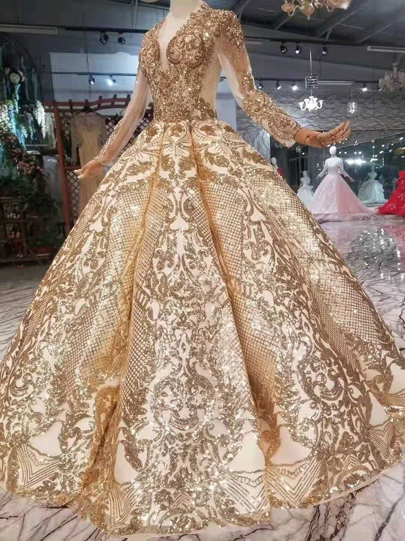 modabelle Arabic Gold Sequins Evening Dresses Vestido De Gala V-neck Luxury Long Sleeve Muslim Evening Dress Vestidos Festa