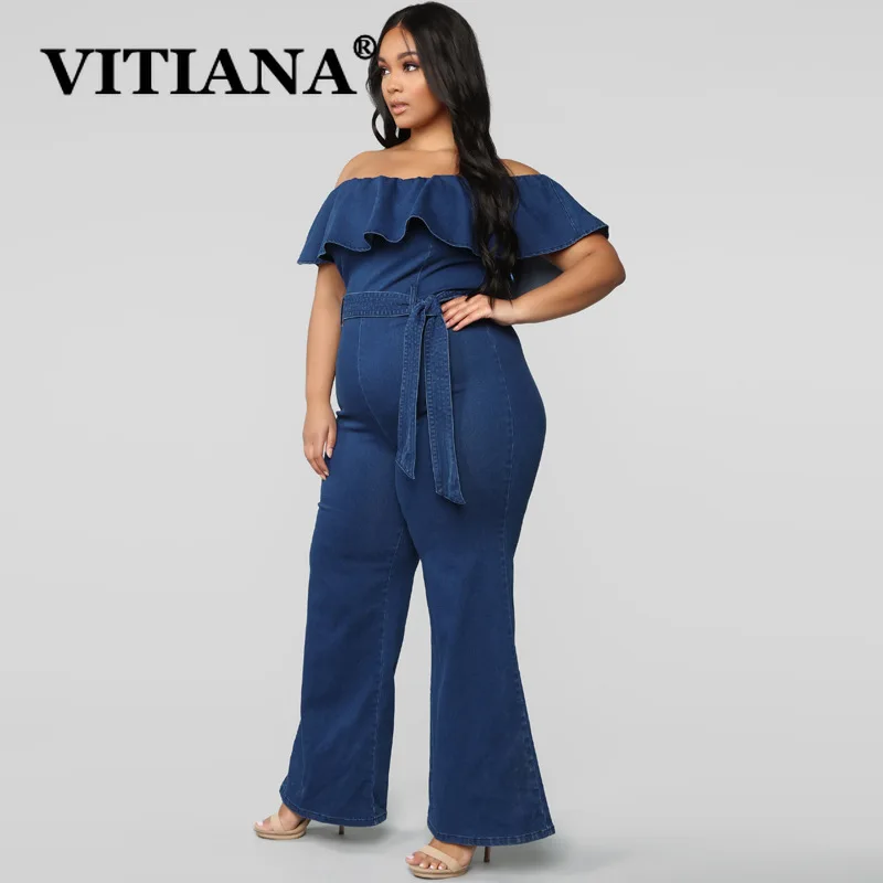 VITIANA 2019 Summer Women Elegant Sexy Solid Denim Jumpsuit Pants Plus Size Off Shoulder Female Bodysuit Rave Festival Clothing | Женская