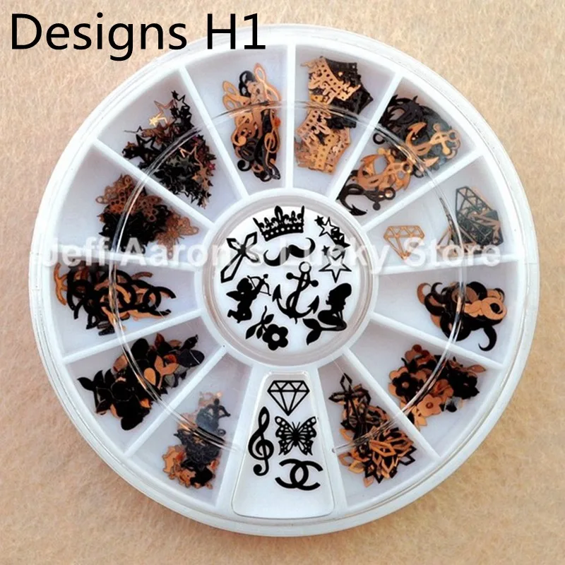Designs H1 Смешанные 12 форм черный золотой металл Хэллоуин Рождество украшения для ногтей ломтик наклейки на ногти из фольги поддельные ногти аксессуары колеса - Цвет: Designs H1