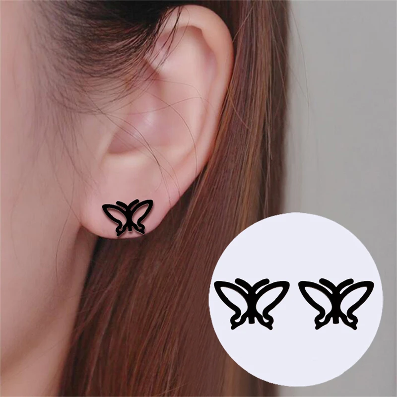 

Yiustar Fashion Black Butterfly Earrings Woman Stainless Steel Earring Black Hollow Animal Stud Earrings for Kids Jewelry Gifts
