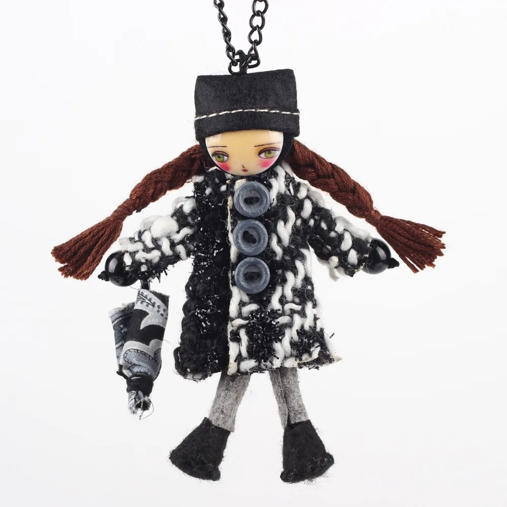 Bonsny Handmade Doll Necklace French Girl Statement Fabric Long Chain Pendants 2016 New Cute Choker Girls Women Accessories | Украшения и