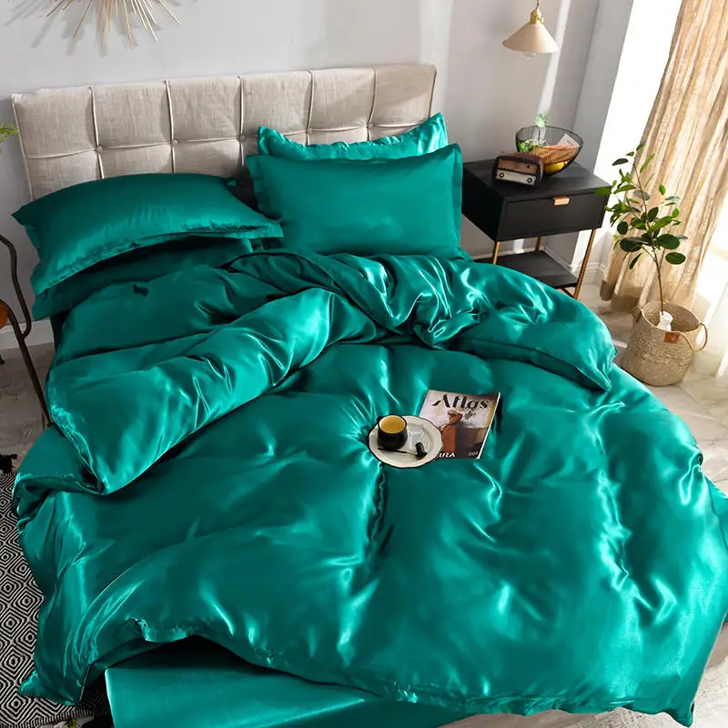 HOT! pure satin silk bedding set，Home Textile King size bed set， bed clothes， duvet cover ，flat sheet ，pillowcases ，Wholesa - Цвет: Green