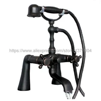 black oil rubbed brass dual handle bathroom tub faucet deck mounted bathtub mixer taps with handshower ntf001