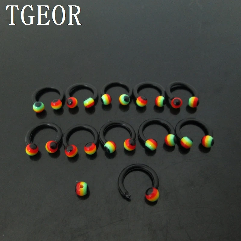 

hot wholesale piercing 1.2*8*3/3mm 100pcs flexible ball rasta reggae acrylic horseshoe piercing body jewelry free shipping