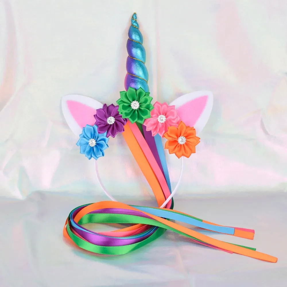 Rainbow Unicorn Headband Girls Toddler Flowers Birthday Party Headbands with Long Ribbon Kids Hair Accessories | Детская одежда и