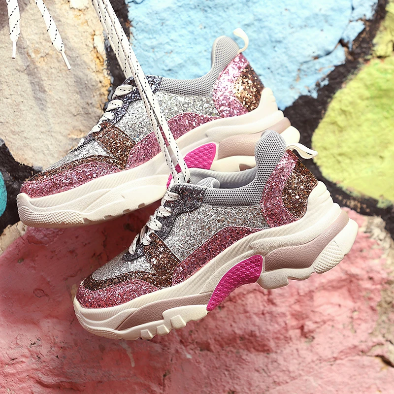 Блестящая повседневная обувь 2019 года женские кроссовки на платформе модные
