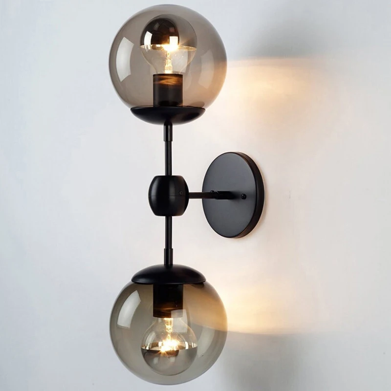 Creative Ball Style Glass Wall Lamp Retro Black Single Double Heads Iron E27 Light For Bedroom Restaurant Bar Hotel Cafe | Лампы и