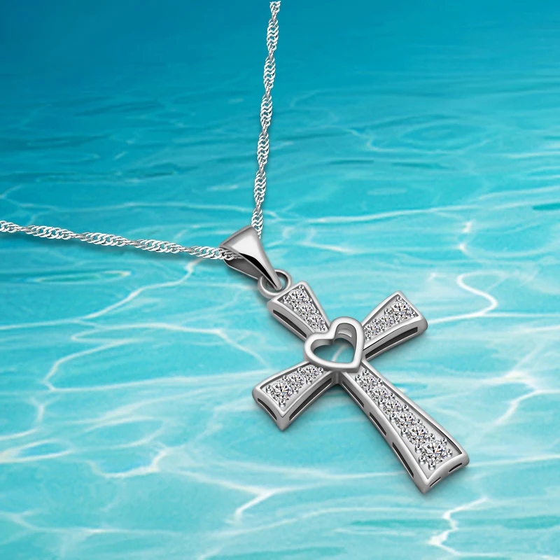 Твердые 925 Серебро CZ кулон крест с сердцем ожерелье для женщин|heart cross pendant|necklace silver