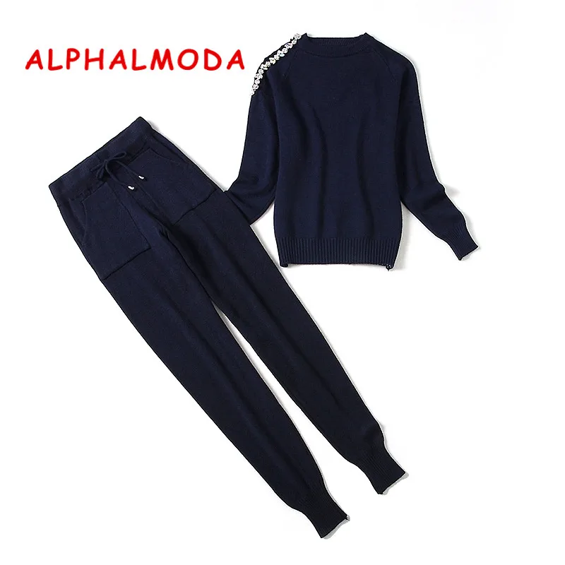 ALPHALMODA 2018 зимний трендовый Женский трикотажный костюм со штанами с бриллиантовой