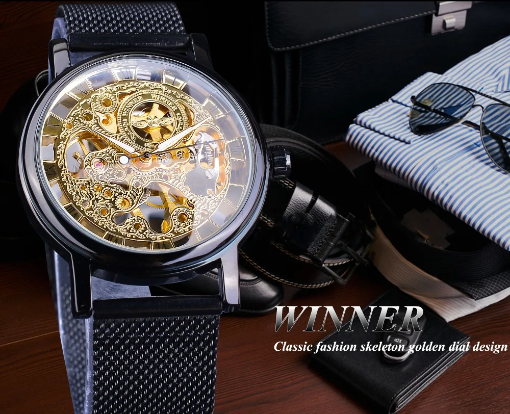 Winner Relogio Masculino Мужские механические часы Золотой Скелет Прозрачный тонкий стальной сетчатый ремешок повседневные часы Reloj Hombre