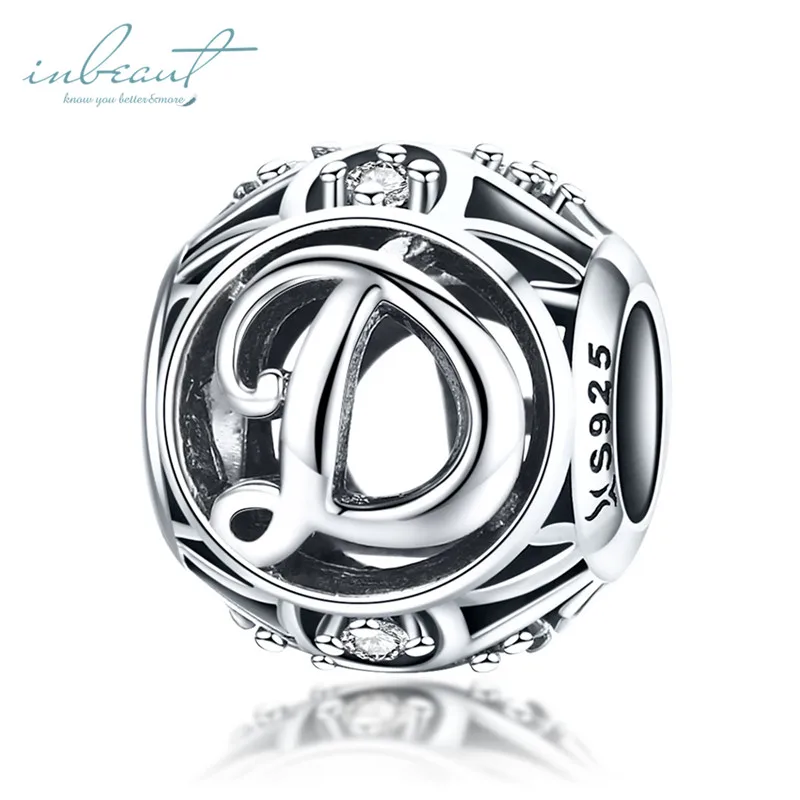 Серебро 925 литерное английское письмо fit Pandora Браслет Циркон Необычные 26 столичные Подвески с буквами бусины для ювелирных изделий - Цвет: FSCC738-D