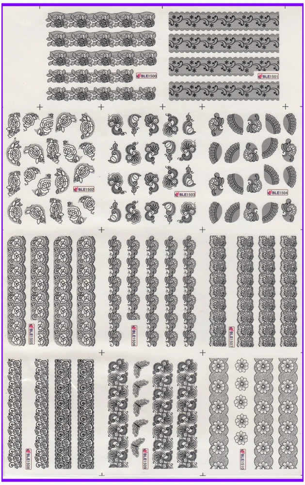 

11 PACK/ LOT WATER DECAL NAIL ART NAIL STICKER BLACK LACE FAN FEATHER BLE1500-1510