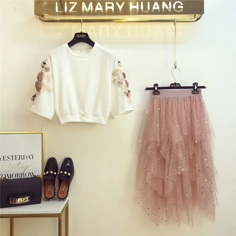 New 2019 Summer Sweet Floral-embellished Embroidery Pullover Crop Top + Sequined Layer Tulle Mesh Skirt Set Women 2 Piece | Женская