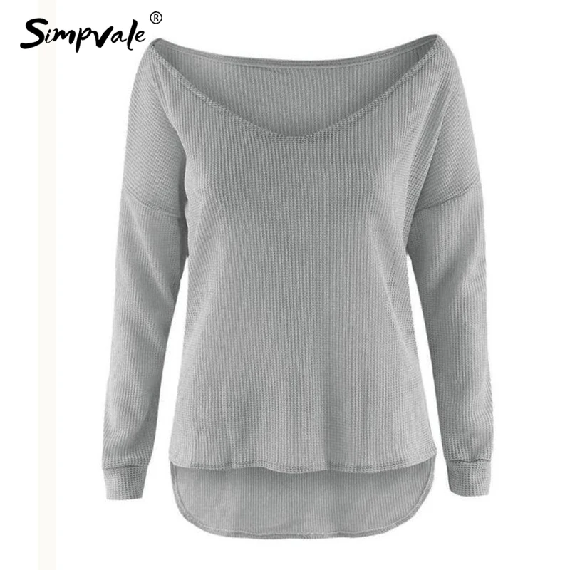 SIMPVALE сплошной цвет свободный с плеча свитер для женщин Slash шеи тонкий вязаный