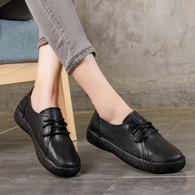 

2018 Autumn VALLU Women Flat Platform Shoes Genuine Leather Lace Up Round Toes Handmade Vintage Women Flats