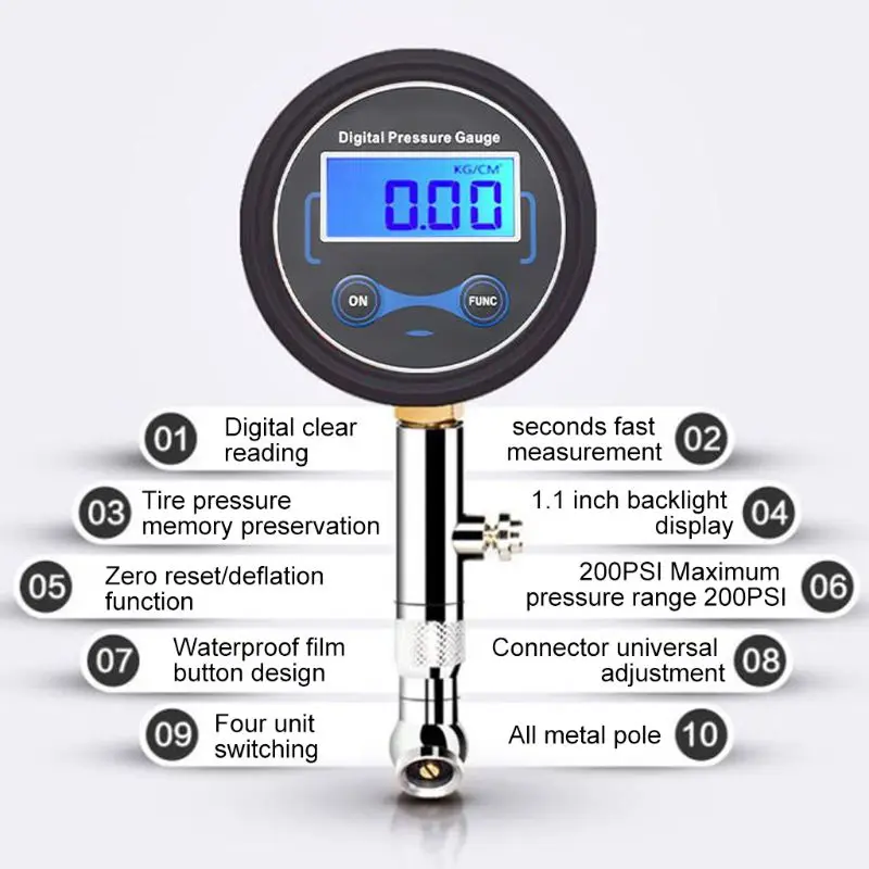 

LCD Digital Tire Pressure Gauge 0-200PSI Car Tyre Air Pressure For Motorcycle Cars Truck Bicycle Motorbike Vehicle Tester