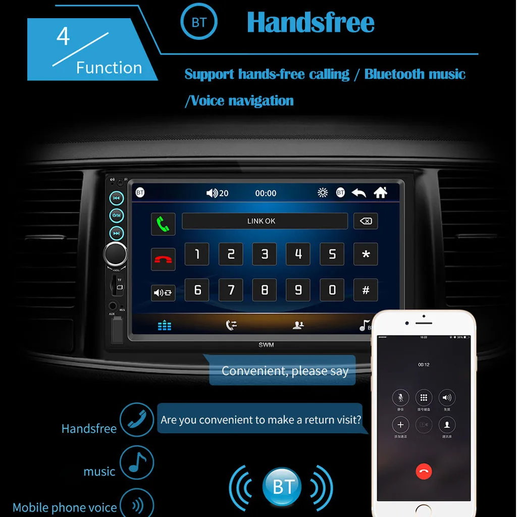 7 дюймовый 2Din автомобильный MP5 плеер HD стерео 12 в FM Радио экран MP3 AUX USB2.0 Handfree Bluetooth