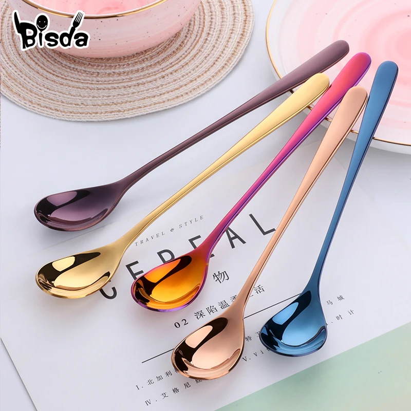 8 Colors Stainless Steel  Ice Spoon Long handle Rose Gold Coffee Spoon Set 7 Colors Long Ice Scoop Black Mixing Colour Spoon