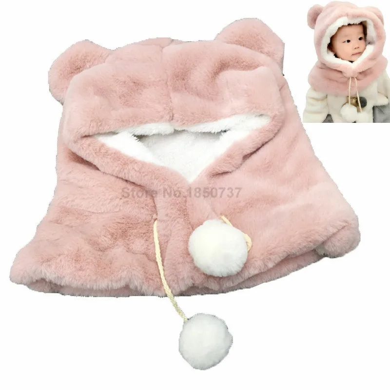 pink baby cap Новая модная зимняя детская шапка с капюшоном, шарф, милый медведь, шар с ушками, теплая плюшевая детская шапочка, шапка для мальчиков и девочек, детская шапка - Цвет: pink baby cap