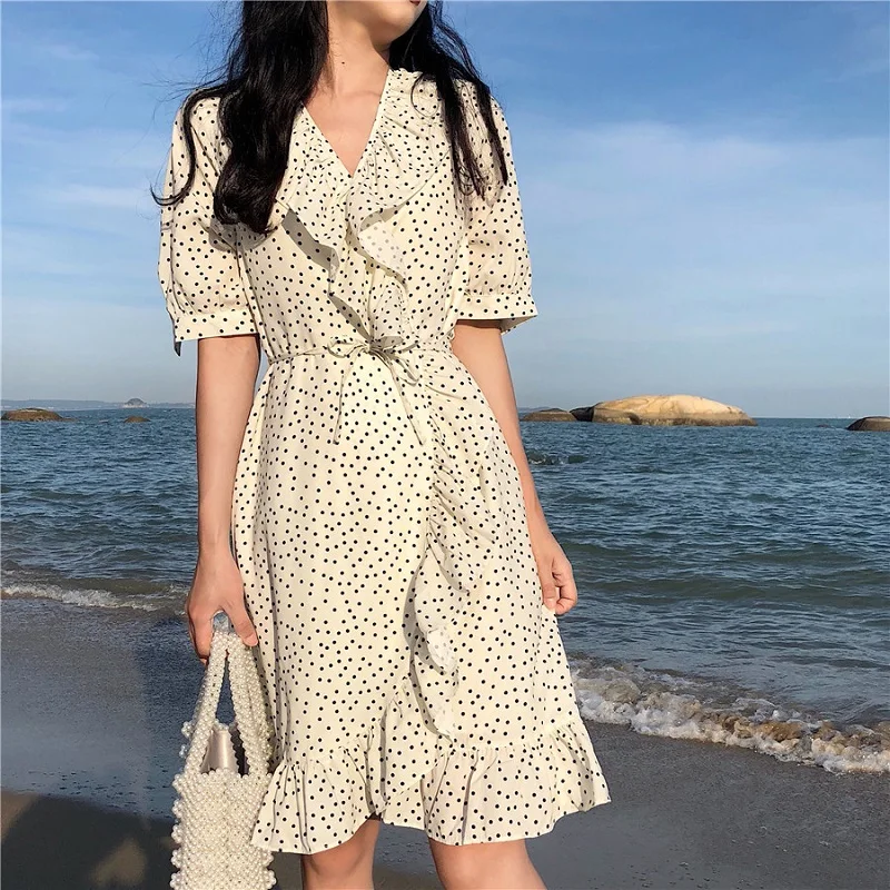 Красный Dot Ruffled Обёрточная бумага солнце платье Для женщин короткий рукав