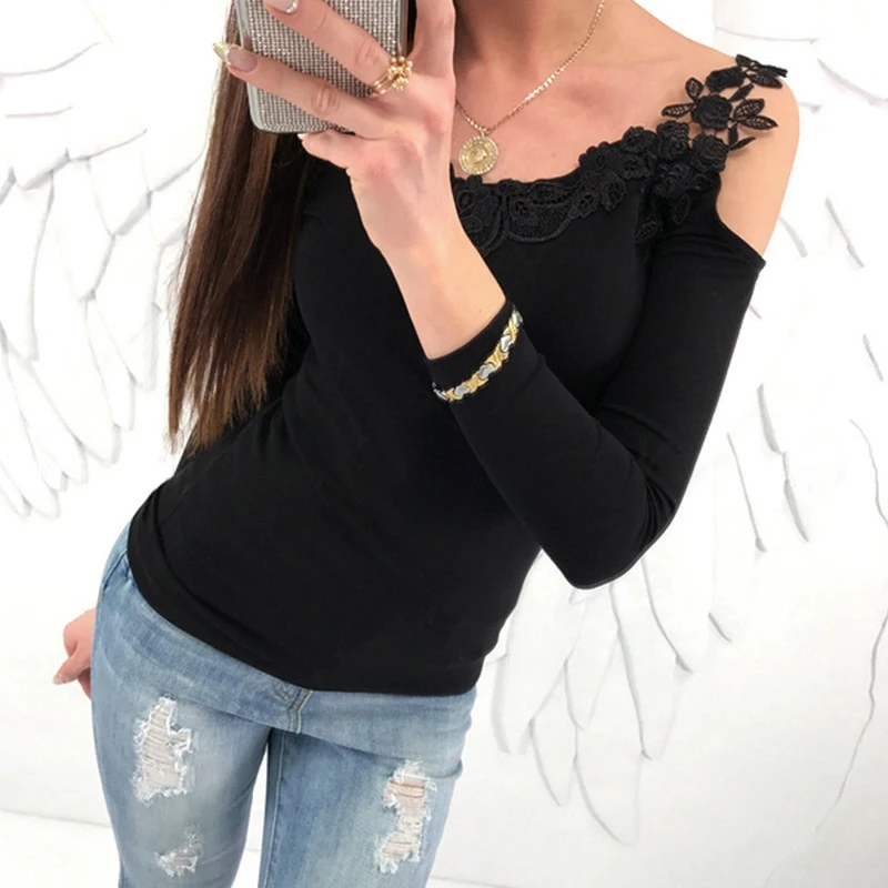 Элегантная повседневная футболка Для женщин с плеча длинным рукавом Кружево Sheer